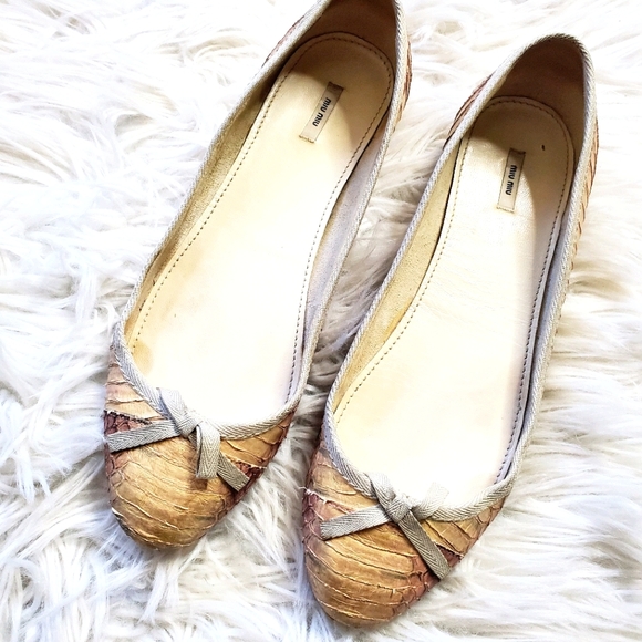 Miu Miu Shoes - Miu miu gold faux snakeskin ballet flats front bow
